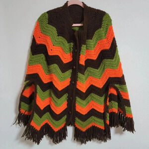 Vintage Hand Crochet Chevron Orange Brown Green Button Front Poncho